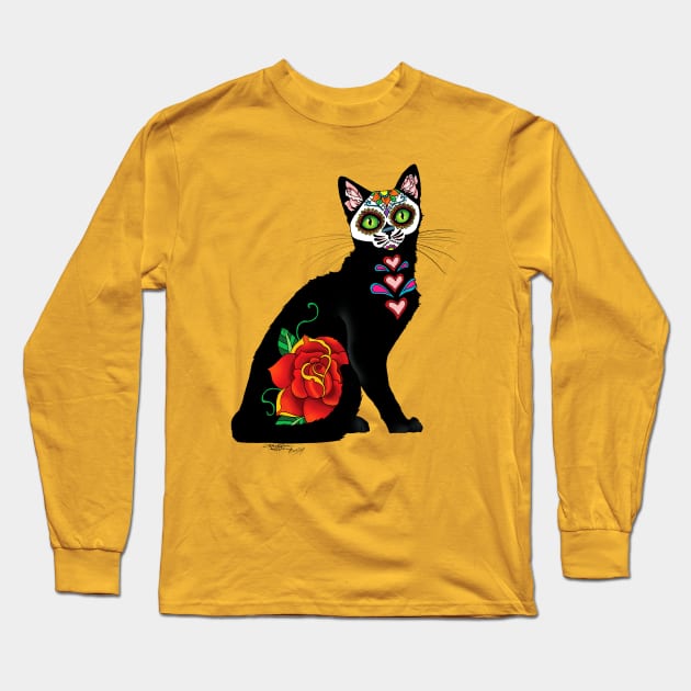 Sugar Skull Cat Long Sleeve T-Shirt by tigressdragon